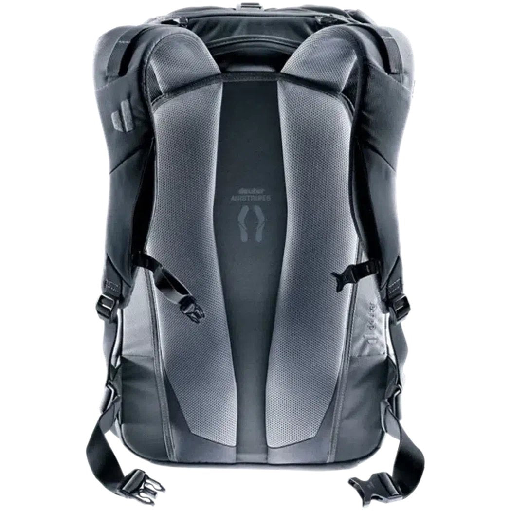 Back view of the Deuter Utilion 34+5 backpack in Black showing the padded back panel and shoulder straps against a white background.