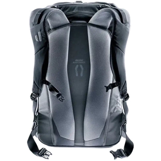 Back view of the Deuter Utilion 34+5 backpack in Black showing the padded back panel and shoulder straps against a white background.