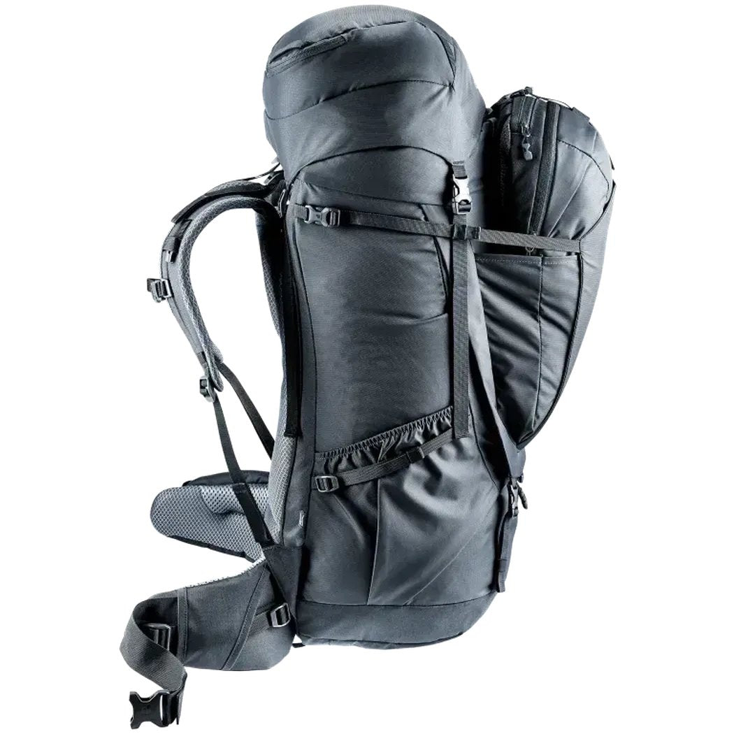 Side view of the Deuter Voyager 60+10 SL black backpack showing the large main compartment and side pocket against a white background.