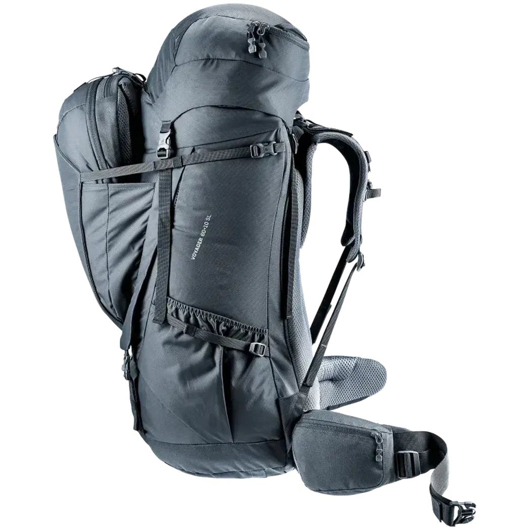 Side view of the Deuter Voyager 60+10 SL backpack in Black showing the front pocket and padded hip belt against a white background.