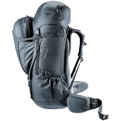 Side view of the Deuter Voyager 60+10 SL backpack in Black showing the front pocket and padded hip belt against a white background.