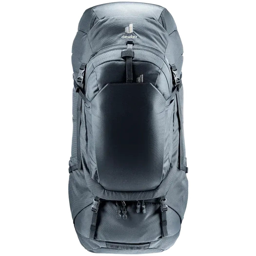 Back view of the Deuter Voyager 60+10 SL backpack in Black showing the front pocket and straps against a white background.