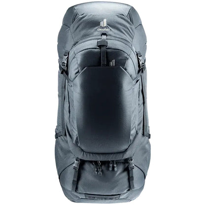 Back view of the Deuter Voyager 60+10 SL backpack in Black showing the front pocket and straps against a white background.