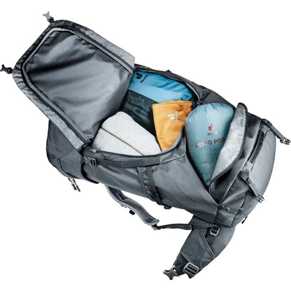 Back view of the Deuter Voyager 60+10 SL backpack in Black showing its spacious main compartment and organized interior against a white background.