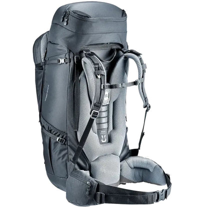 Back view of the Deuter Voyager 60+10 SL backpack showing padded shoulder straps and a black color against a white background.