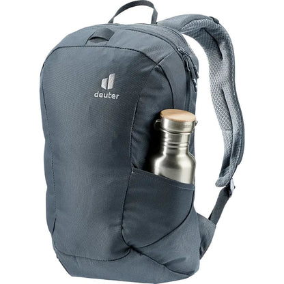 Side view of the Deuter Voyager 60+10 SL in Black showing the front pocket with a water bottle against a white background.