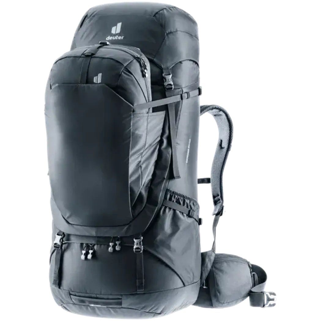 Side view of the Deuter Voyager 65+10 in Atlantic Ink showing the large front pocket and padded shoulder straps against a white background.
