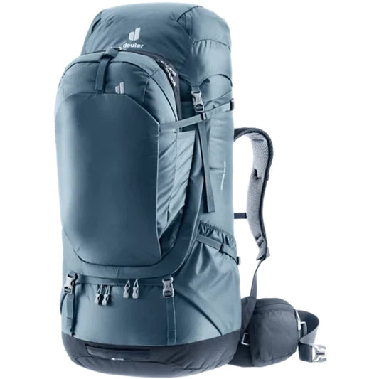 Side view of the Deuter Voyager 65+10 in Atlantic Ink showing the front pocket and shoulder straps against a white background.