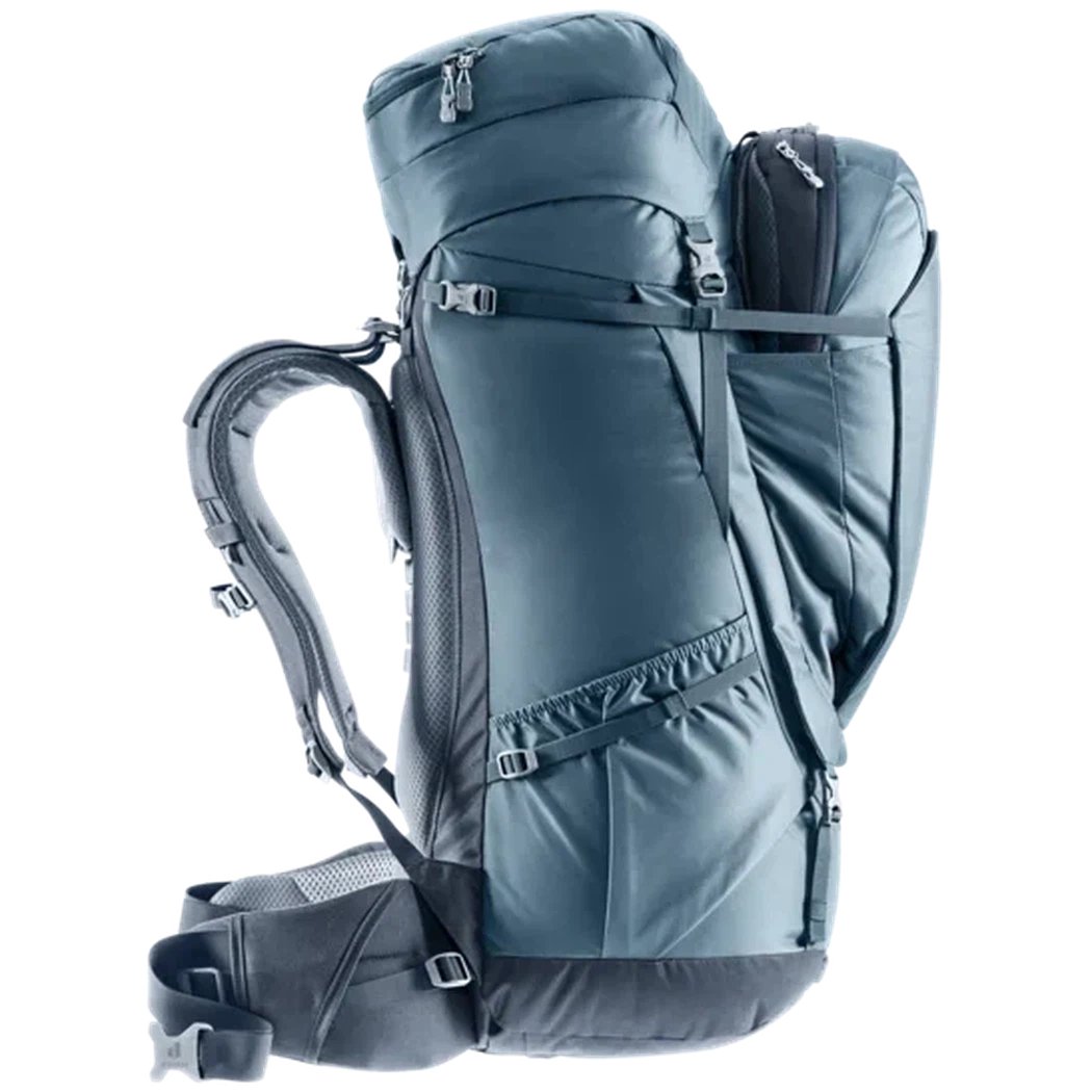 Side view of the Deuter Voyager 65+10 in Atlantic Ink showing the top lid and side compression straps against a white background.