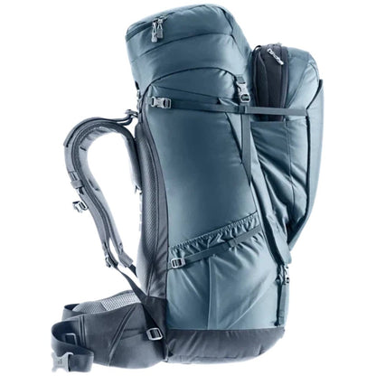 Side view of the Deuter Voyager 65+10 in Atlantic Ink showing the top lid and side compression straps against a white background.