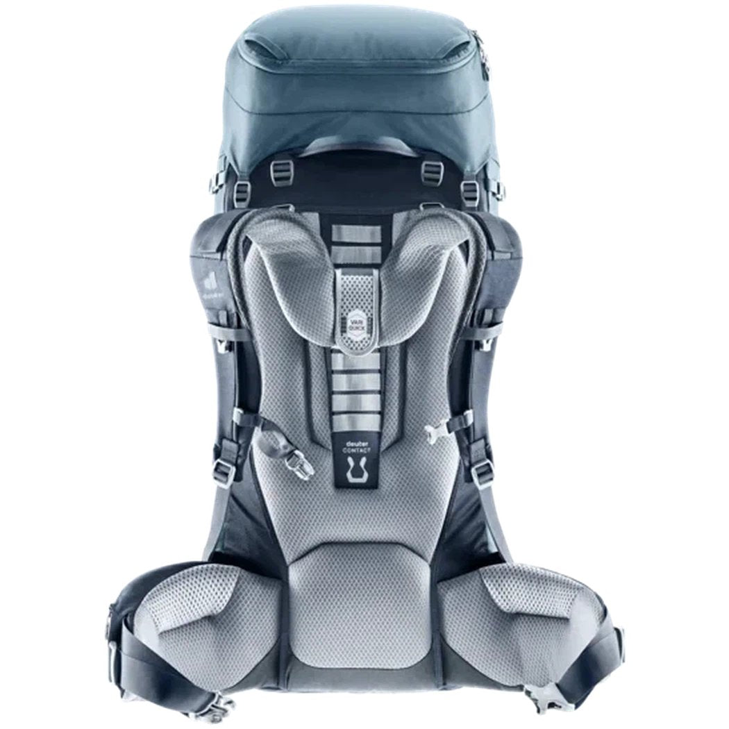 Back view of the Deuter Voyager 65+10 backpack in Atlantic Ink showing padded shoulder straps and a white background.
