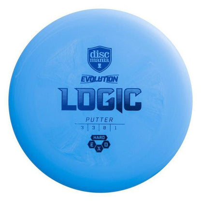 A blue Discmania Hard Exo Logic disc golf putter shown from a top-down angle with the discmania logo and "Evolution" text visible.