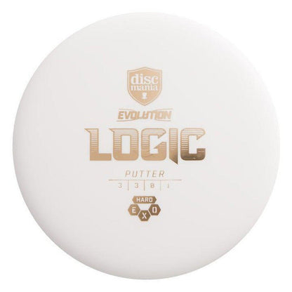 A top-down view of the white Discmania Hard Exo Logic disc golf putter with gold text and a white background.