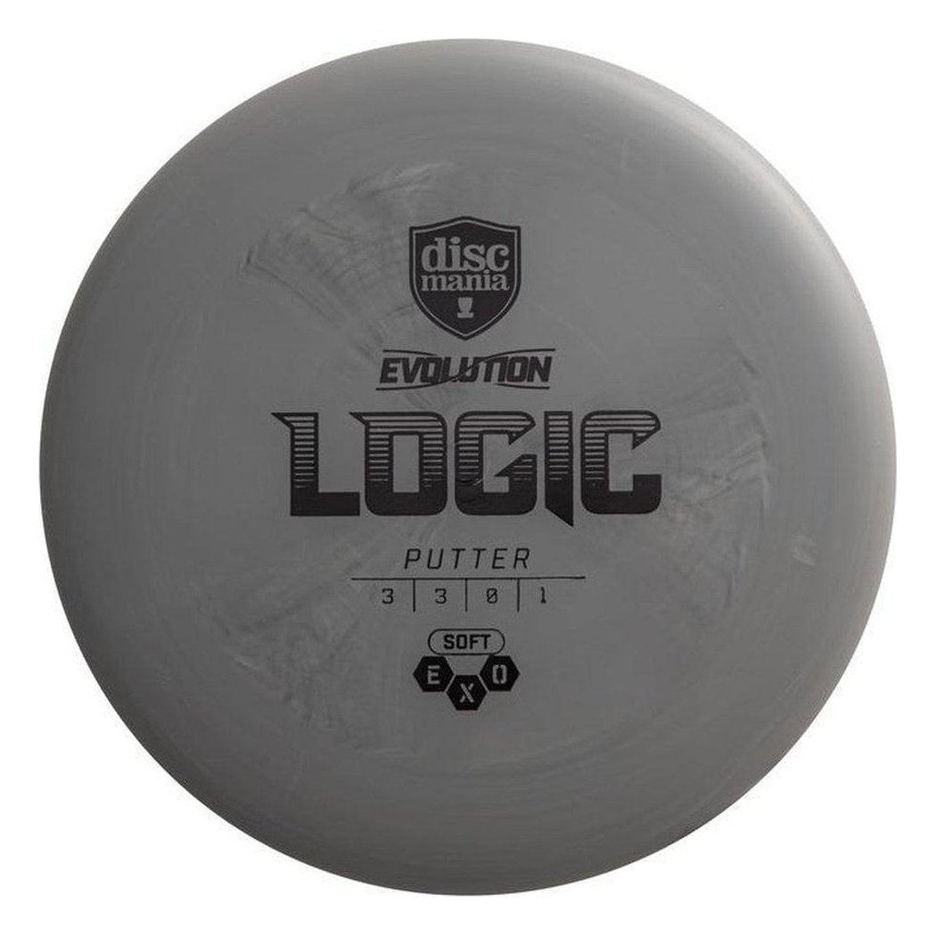 A top-down view of the Discmania Soft Exo Logic disc golf putter in blue, showing the "Evolution" and "Logic" branding.