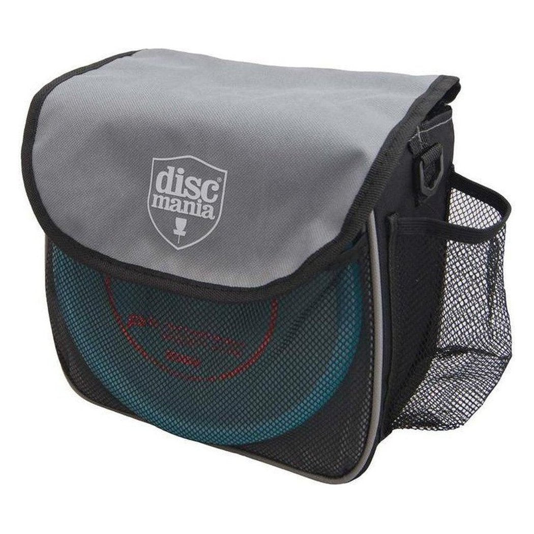 A front view of the Discmania Starter Bag in Black showing the mesh pocket and disc inside against a white background.