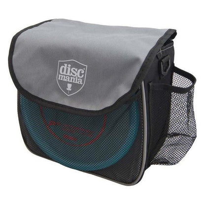 A front view of the Discmania Starter Bag in Black showing the mesh pocket and disc inside against a white background.