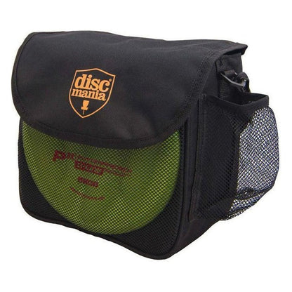 A black Discmania Starter Bag with a green disc inside, showing the front pocket and mesh side pocket against a white background.