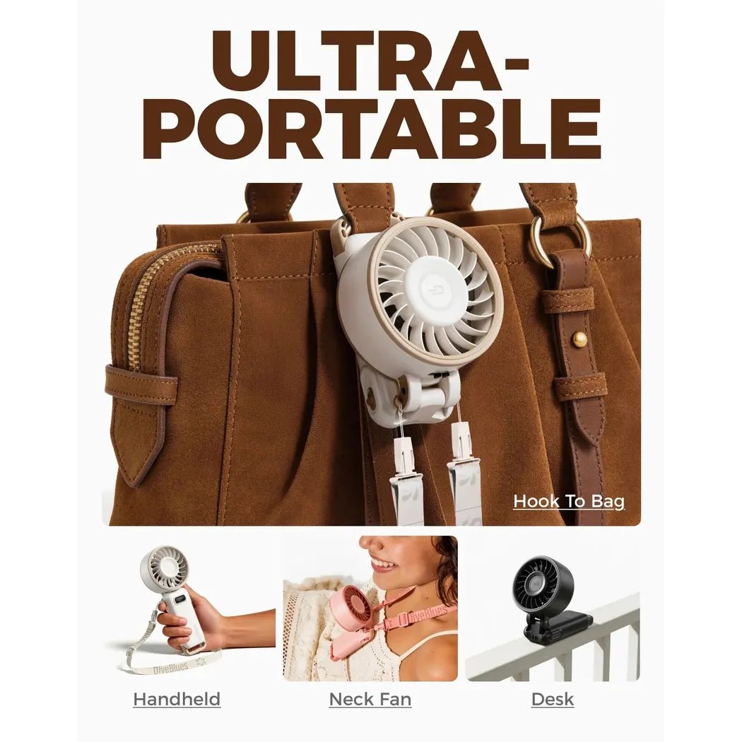 A black Diveblues Fanzy Handheld Fan is shown in a photo with a brown bag and three smaller images of it being used.