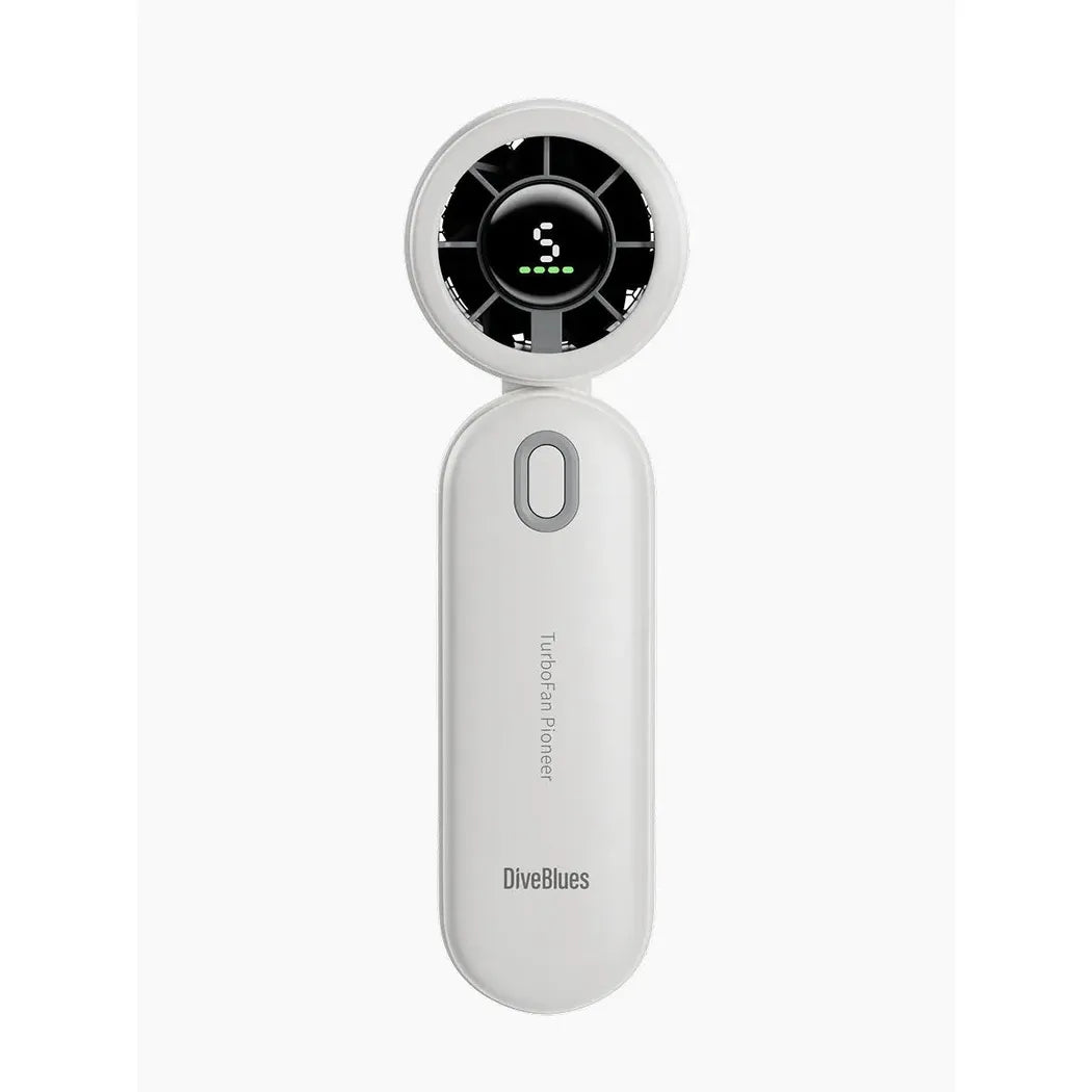 A top-down view of the white Diveblues iTurbo Handheld Fan with a digital display showing "5" and a power button, against a plain white background.