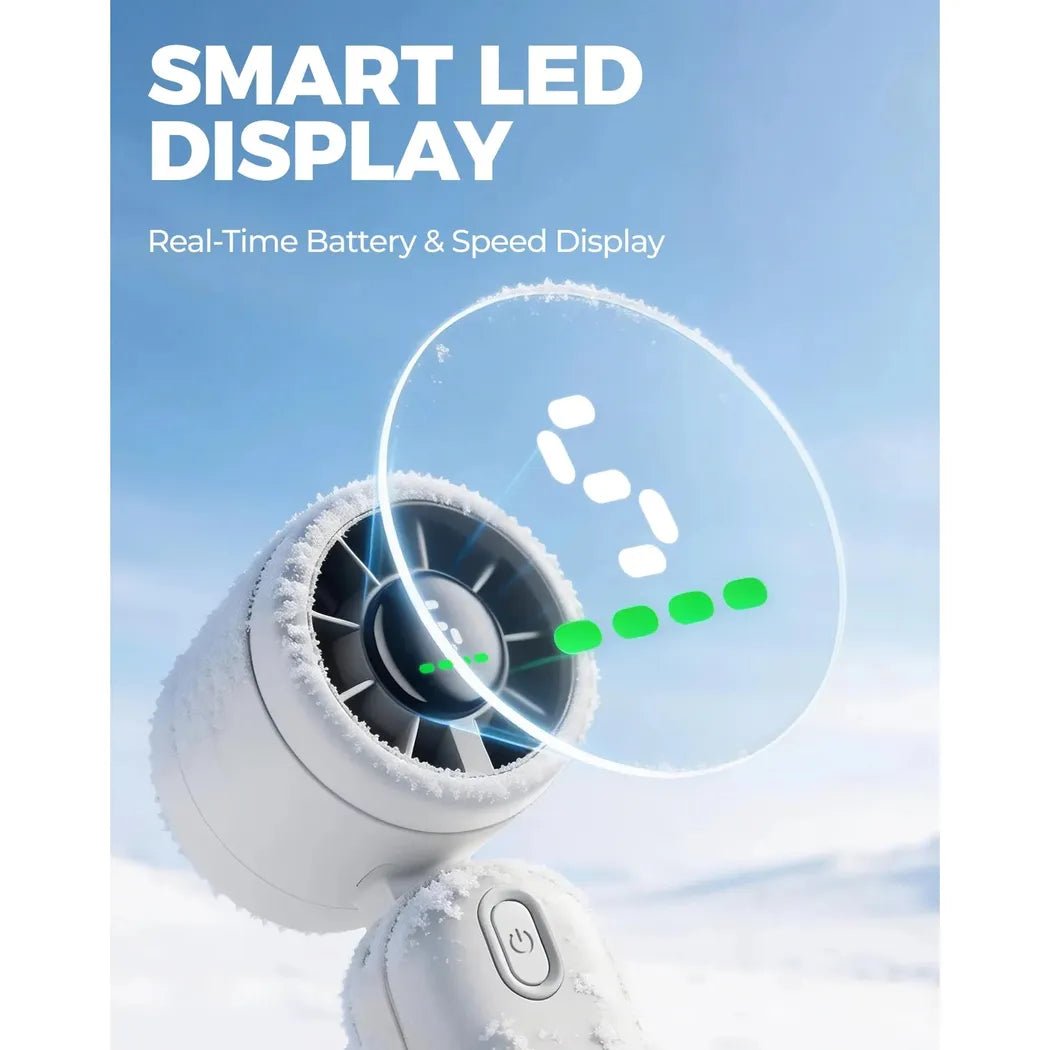 A black Diveblues iTurbo Handheld Fan with a smart LED display showing battery and speed against a blue sky background.
