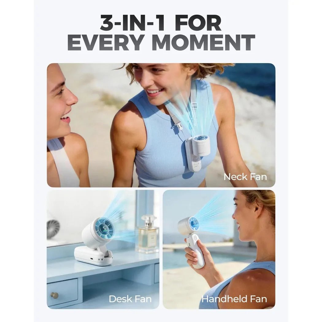 A woman in a blue top wears the black Diveblues iTurbo Handheld Fan as a neck fan outdoors.