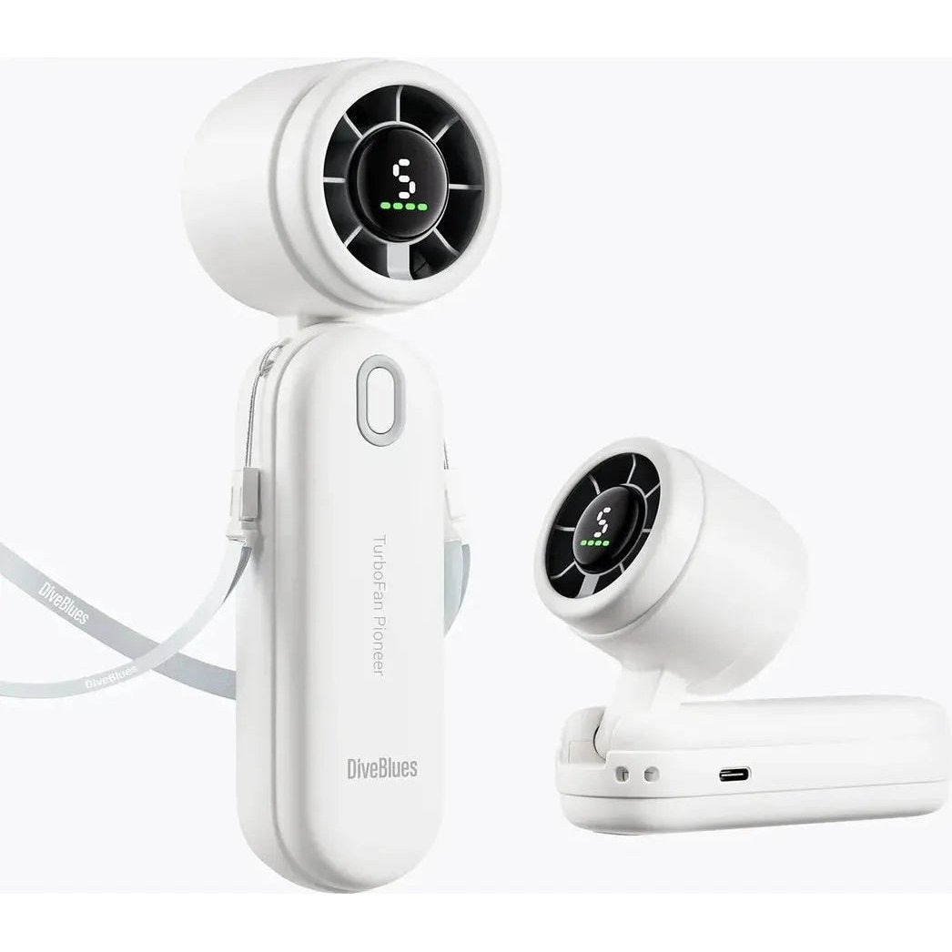 A front view of the white Diveblues Portable iTurbo Handheld Fan with its digital display showing "3" and a power button, displayed against a white background.