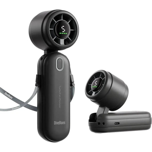 A black Diveblues Portable iTurbo Handheld Fan shown from a side angle with its charging base visible.