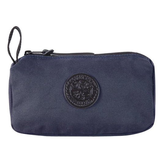 A front view of the Burgundy Duluth Pack Grab-N-Go Bag showing the circular logo and zipper pull against a white background.