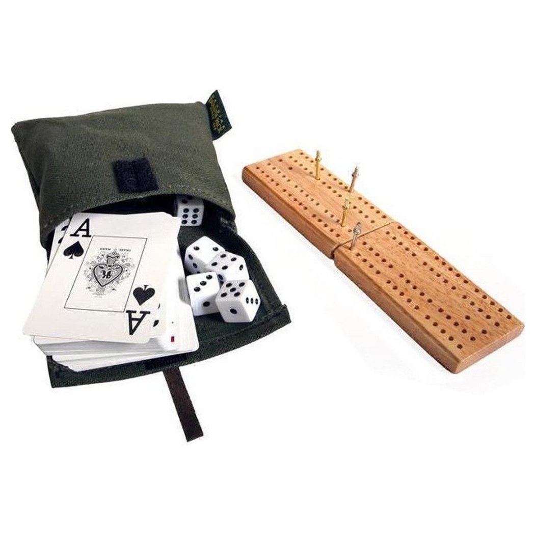A charcoal Duluth Pack Mini Game Pack with playing cards, dice, and a wooden cribbage board on a white background.