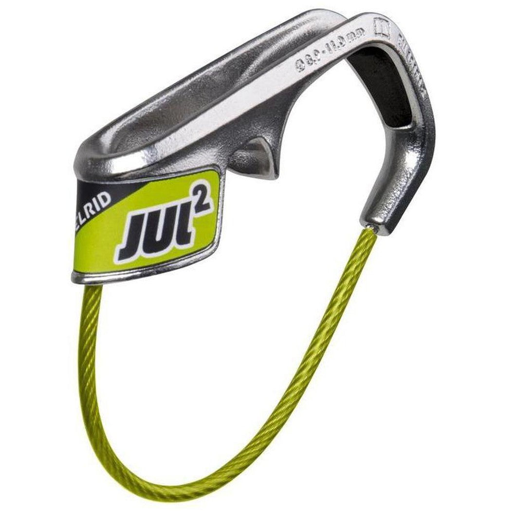 Side view of the Edelrid 45109 belay device with the Oasis green cord against a white background.