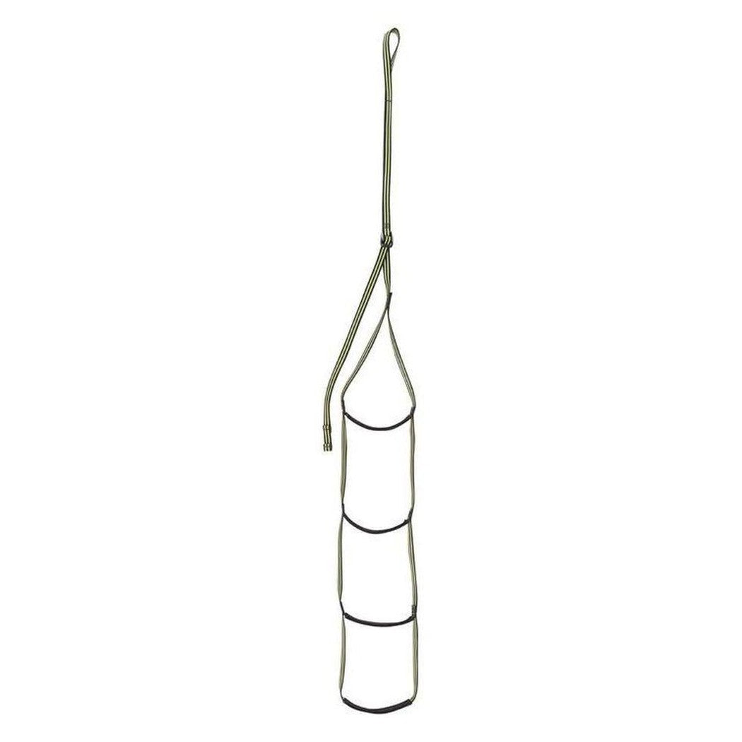 A vertical view of the Edelrid Aid Climber in Night Oasis showing its four rung design and attached sling against a white background.