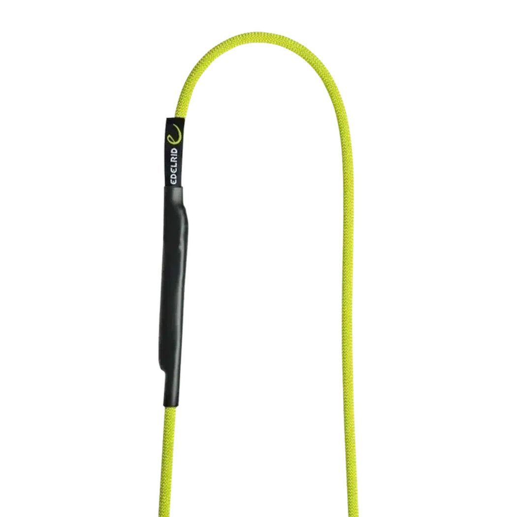 A close-up of the Edelrid Aramid Cord Sling 6mm in Night color, showing the black webbing section and the curved cord against a white background.