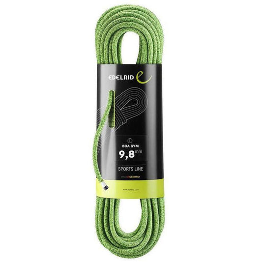 A green Edelrid Boa Gym 9.8mm climbing rope coiled on a black and yellow label against a white background.