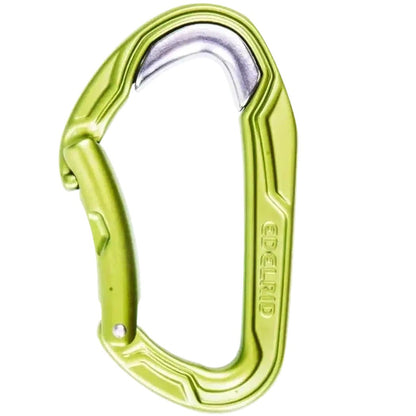 A side view of the Edelrid Bulletproof Bent carabiner in Oasis color with a white background.