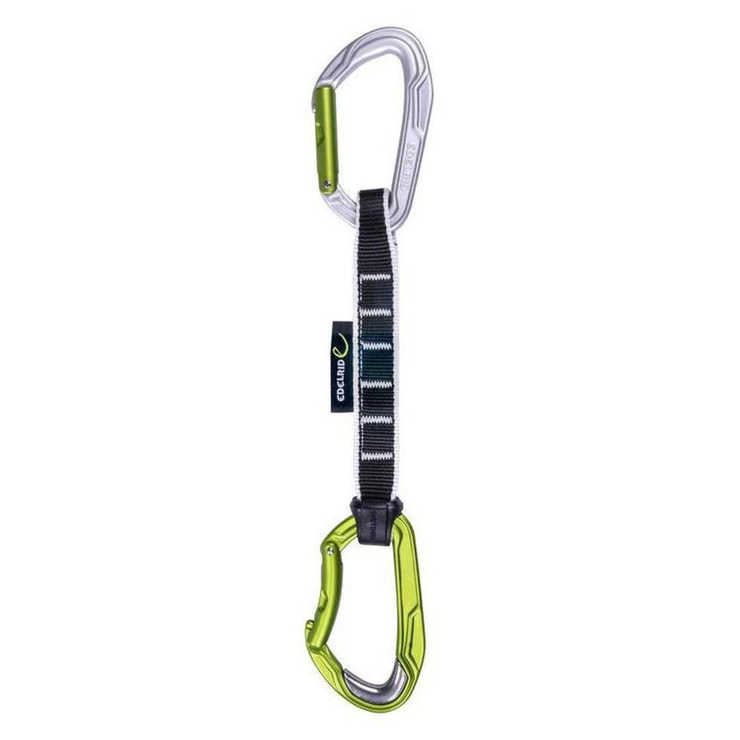 A side view of the Edelrid Bulletproof Set in Oasis color showing the quickdraw with a black strap and two carabiners against a white background.