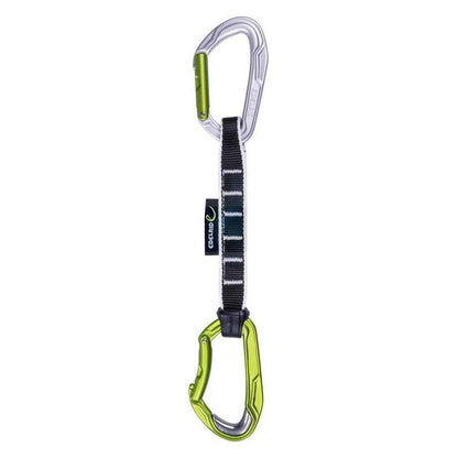 A side view of the Edelrid Bulletproof Set in Oasis color showing the quickdraw with a black strap and two carabiners against a white background.