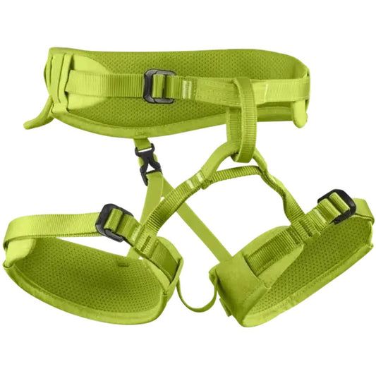 Side view of the Edelrid Finn III kids' climbing harness in Oasis color showing the padded leg loops and waist belt against a white background.