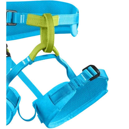 Close-up of the Edelrid Finn III kids' climbing harness in Oasis blue showing the padded leg loops and adjustable straps against a white background.