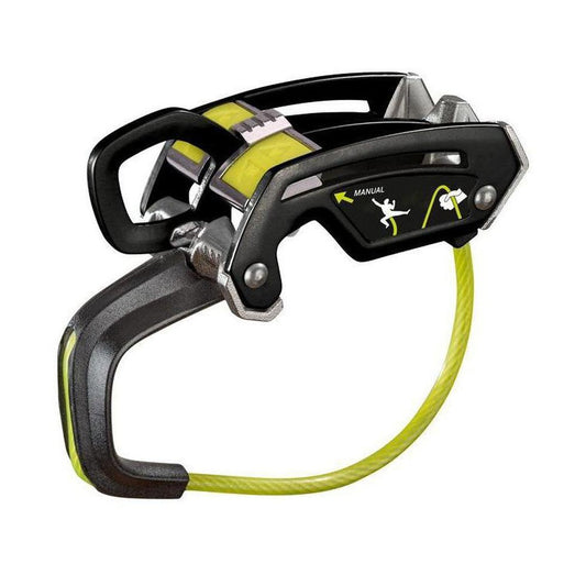 Side view of the Edelrid Giga Jul in Slate showing the manual release feature and yellow rope against a white background.