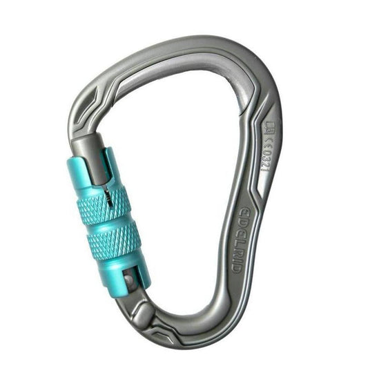 A side view of the Edelrid HMS Bulletproof Triple carabiner in Slate with a turquoise locking mechanism against a white background.