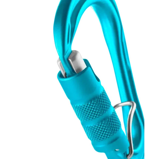 A close-up of the Edelrid HMS Strike Triple FG II carabiner in Icemint, showing the textured locking mechanism and metal gate against a white background.