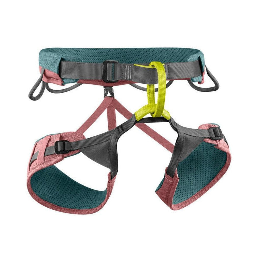A front view of the Edelrid Jayne III women's climbing harness in Rose, showing the waist belt, leg loops, and bright yellow carabiner attachment point against a white background.
