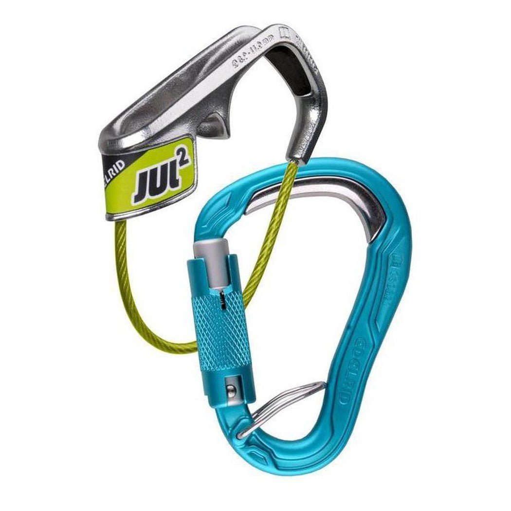 A close-up of the Edelrid Jul 2 Belay Kit Bulletproof Triple in Icemint, showing the carabiner and belay device against a white background.