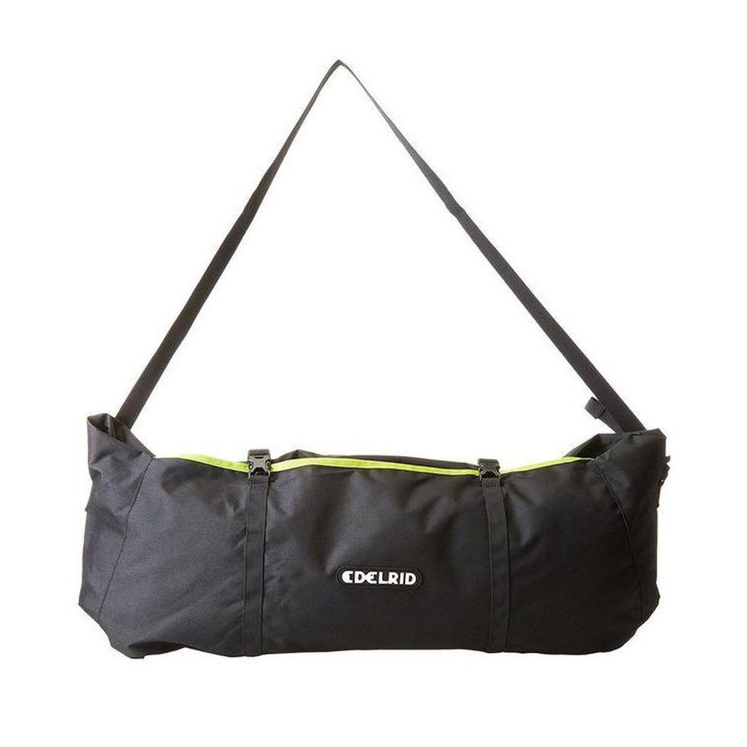 A black Edelrid Liner rope bag with a neon yellow zipper and shoulder strap against a white background.