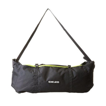 A black Edelrid Liner rope bag with a neon yellow zipper and shoulder strap against a white background.