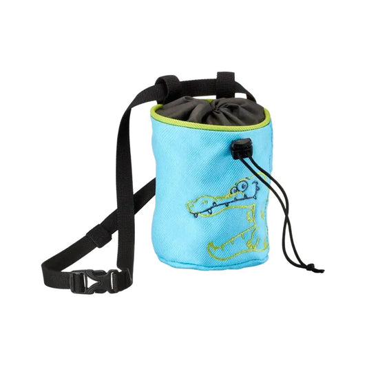 A front view of the Edelrid Muffin Chalk Bag in Polar color showing the crocodile design and adjustable shoulder strap against a white background.