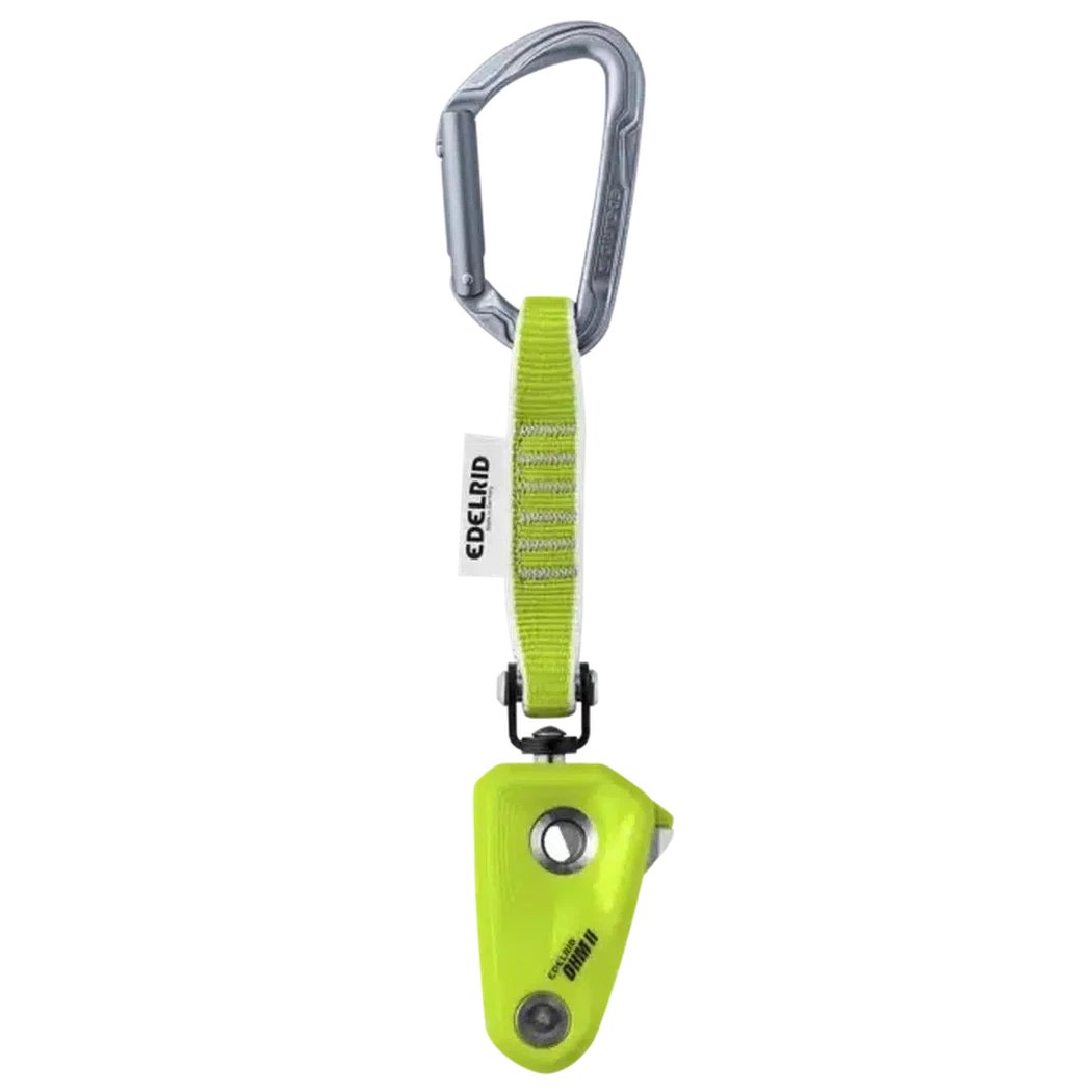 A front view of the Edelrid Ohm II belay device in Oasis color with a carabiner and white background.