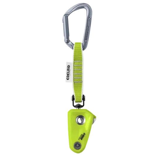 A front view of the Edelrid Ohm II belay device in Oasis color with a carabiner and white background.