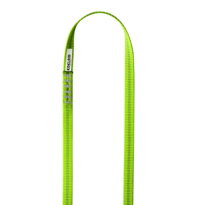 A bright green Edelrid PES Sling 16mm is shown in a side view against a white background.