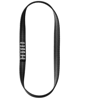 A side view of the Edelrid PES Sling 16mm showing the black webbing and white stitching against a white background.